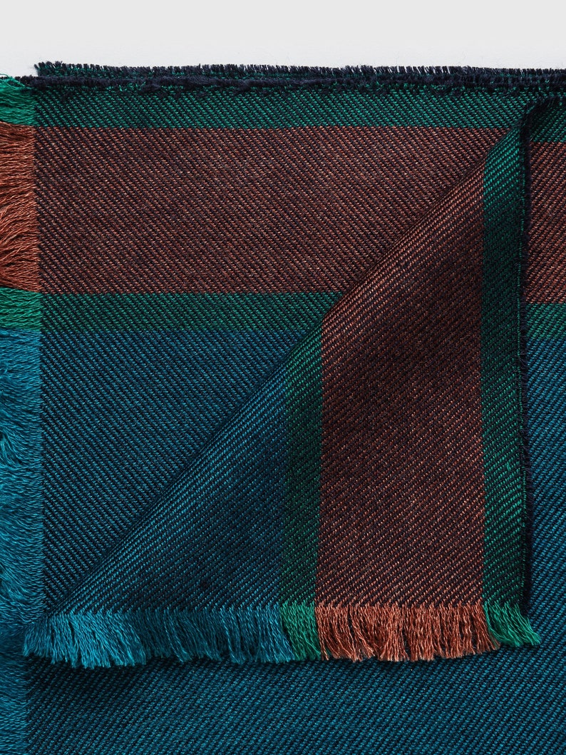 Cashmere and silk scarf Chadrin dark blue petrol with a terracotta stripes image 5