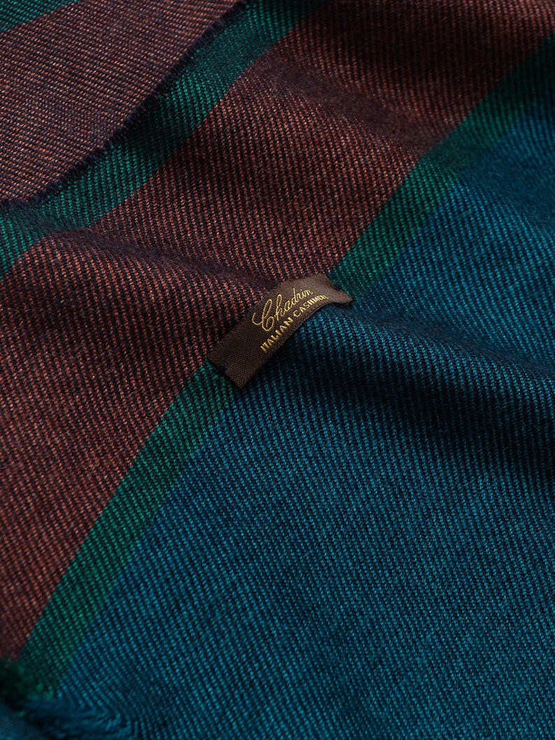 Cashmere and silk scarf Chadrin dark blue petrol with a terracotta stripes image 1