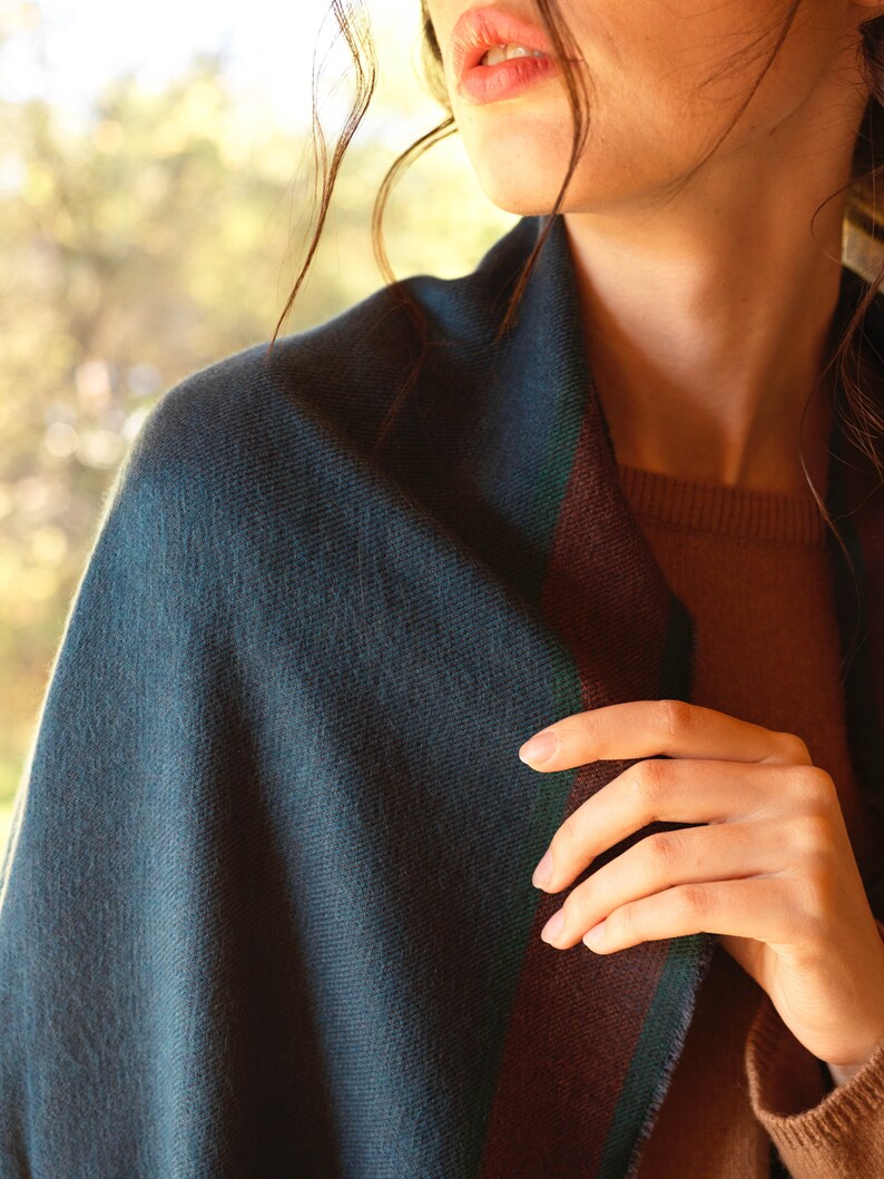 Cashmere and silk scarf Chadrin dark blue petrol with a terracotta stripes image 6