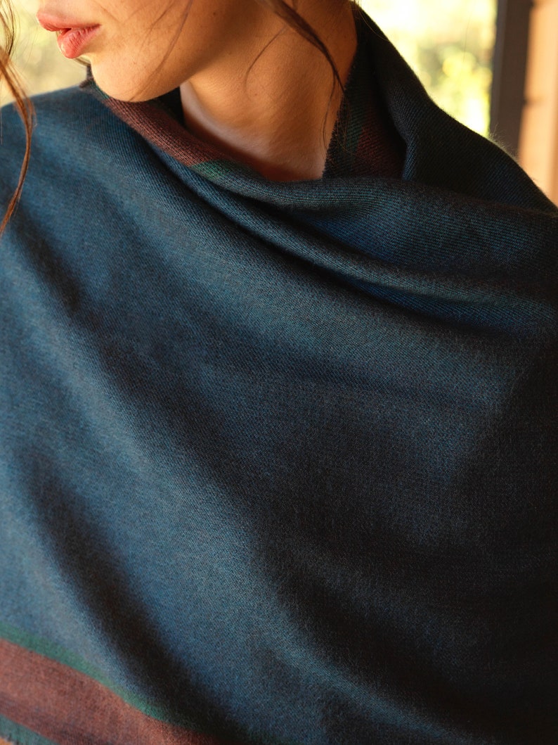 Cashmere and silk scarf Chadrin dark blue petrol with a terracotta stripes image 3