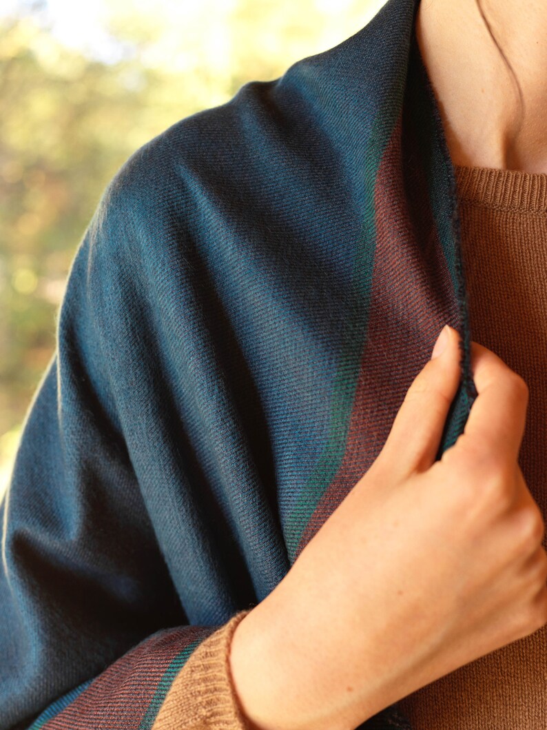 Cashmere and silk scarf Chadrin dark blue petrol with a terracotta stripes image 8