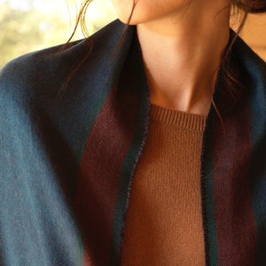 Cashmere and silk scarf Chadrin dark blue petrol with a terracotta stripes image 9