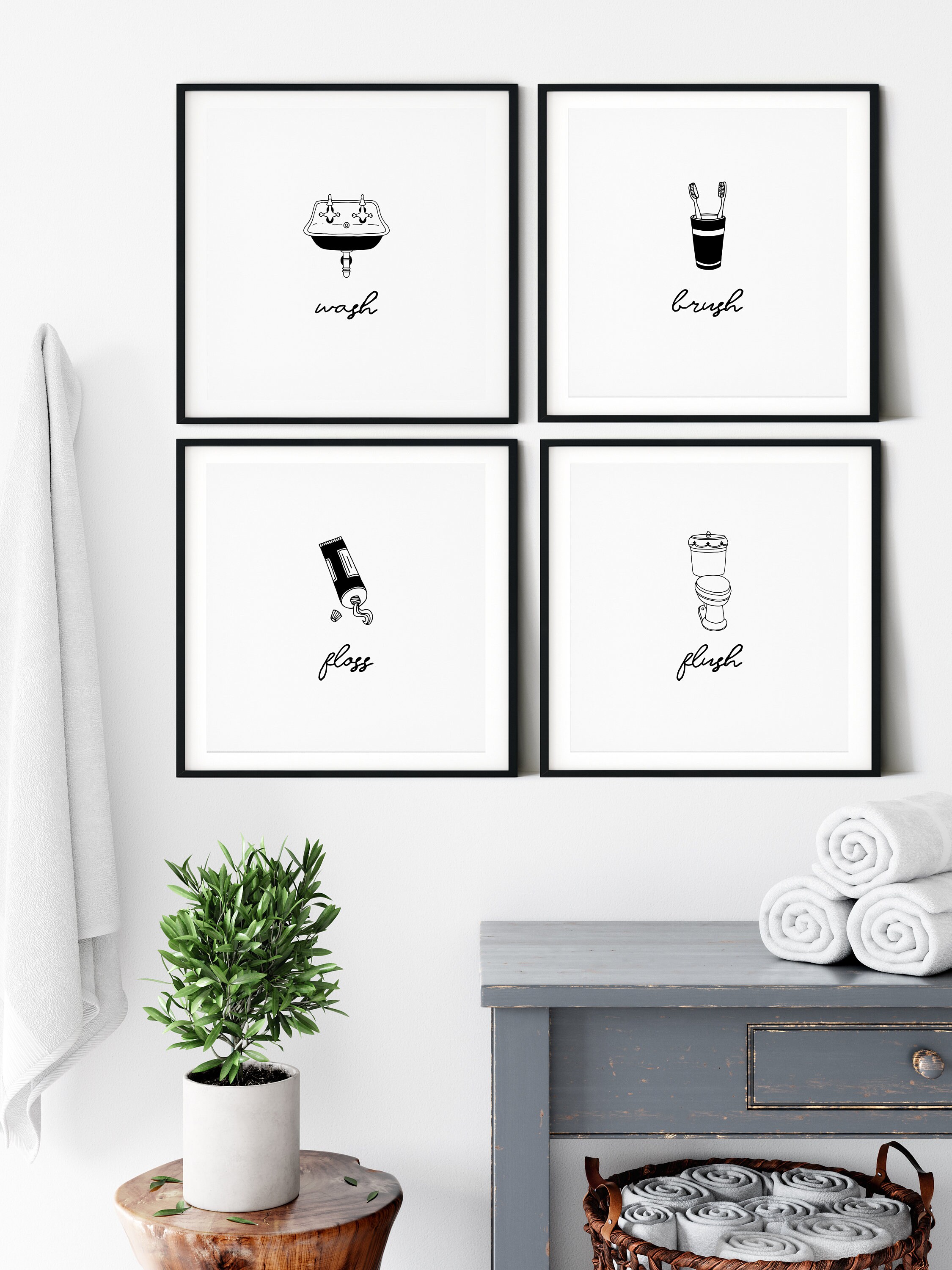 Bathroom Wall Art Set Of 4 Prints Wash Brush Floss Flush Etsy