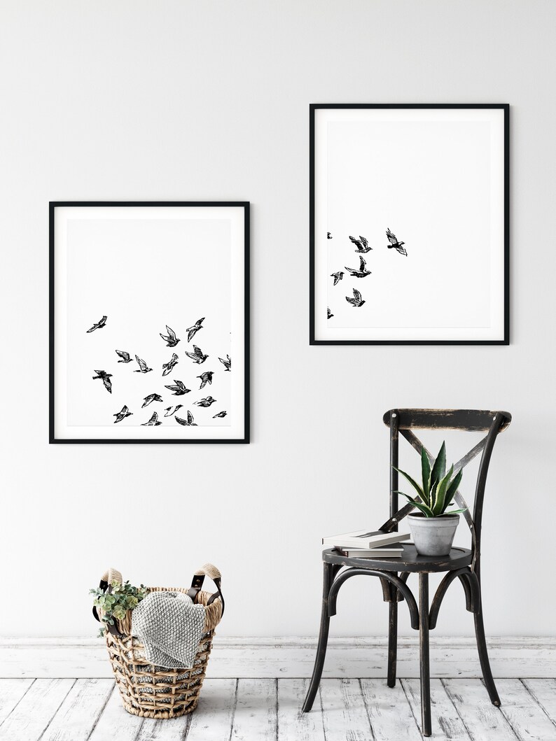 Flying Birds Black and White Print Hand drawn Birds Decor | Etsy