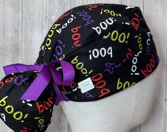 Ghostly Boo Ponytail Scrub Cap: Women's Halloween Surgical OR Hat, Haunted Holiday Doctor Nurse Medical Pediatric Vet CRNA ER Hospital Tech
