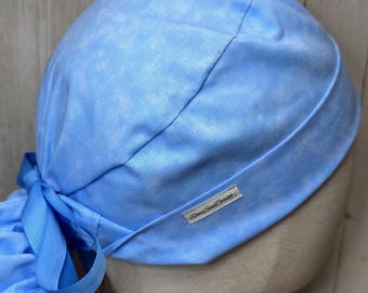 Blue Skies Ponytail Scrub Cap: Women's Pastel Shades Cotton OR Surgical Hat, Marbled Azure Doctor Nurse Medical OB CRNA Hospital Tech Chef