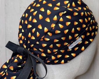 Candy Corn Ponytail Scrub Cap: Women's Halloween Sweets OR Surgical Hat, Holiday Trick-or-Treat Doctor Nurse Medical Chef Pedi Vet Tech Chef