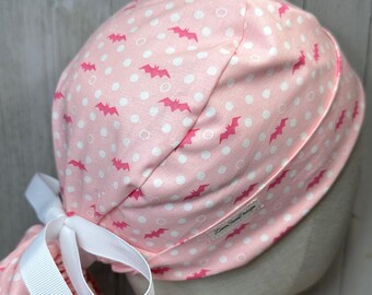 Pink Bats Halloween Ponytail Scrub Cap: Women's Spooky Polka Dot OR Surgical Hat, Trick-or-Treat Doctor Nurse Medical Pediatric Vet CRNA OB