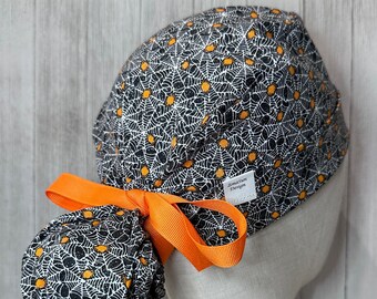 Sparkle Glitter Spider Web Ponytail Scrub Cap: Women's Halloween Surgical OR Hat, Spooky Doctor Nurse Medical Pediatric Veterinary CRNA ER