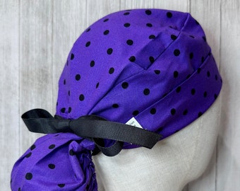 Purple & Black Polka Dot Ponytail Scrub Cap: Women's Halloween Dotted OR Surgical Hat, Spooky Colors Doctor Nurse Medical Dental Surgeon Vet