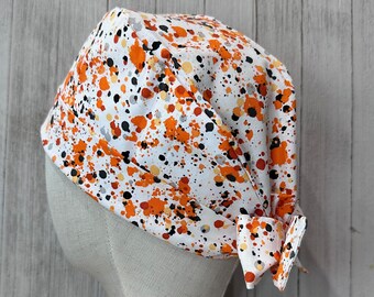 Halloween Splatter Pixie Scrub Cap: Women's Orange & Black Tie-Back Cotton OR Surgical Hat, Spooky Holiday Doctor Nurse Medical Dental Chef