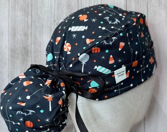 Halloween Candy Ponytail Scrub Cap: Women's Spooky Sweets OR Surgical Hat, Trick-or-Treat Doctor Nurse Medical Pediatric Chef CRNA PA Dental