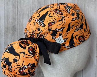 Witches, Bats & Spiders Ponytail Scrub Cap: Women's Halloween OR Surgical Hat, Trick-or-Treat Doctor Nurse Medical Pediatric Surgeon CRNA ER