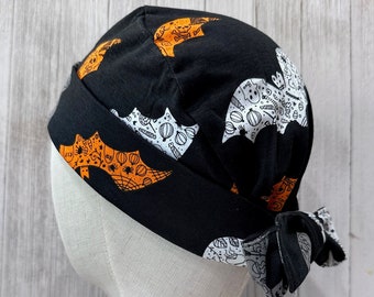 Flying Bats Pixie Scrub Cap: Women's Soft & Stretchy Cotton Jersey Tie-Back Surgical Hat, Halloween Colors Doctor Nurse Medical ER Tech CRNA