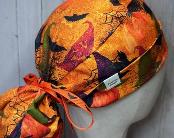Witches Hats, Pumpkins & Spiders Ponytail Scrub Cap: Women's Haunted Halloween OR Surgical Hat, Spooky Doctor Nurse Medical CRNA ER Tech Vet