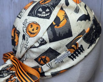 Wicked Witches Halloween Ponytail Scrub Cap: Women's Jack-O'-Lantern OR Surgical Hat, Black Cats Doctor Nurse Medical Pediatric Veterinary