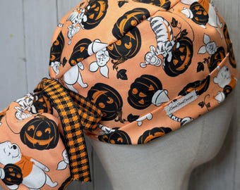 Storybook Friends Halloween Ponytail Scrub Cap: Women's Animated Character OR Surgical Hat, Spooky Doctor Nurse Medical Pediatric CRNA Vet