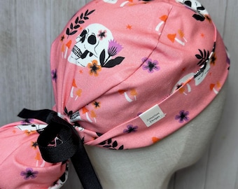 Skulls & Mushrooms on Pink Ponytail Scrub Cap: Women's Halloween Surgical OR Hat, Haunted Holiday Doctor Nurse Medical Dental Surgeon CRNA