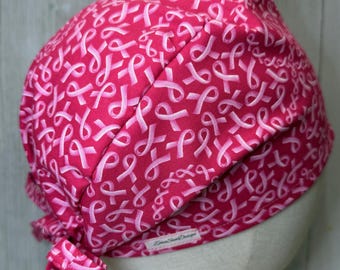 Pink Ribbon Unisex Scrub Cap: Men/Women's Tie-Back Breast Cancer OR Surgical Hat, Awareness Cause Doctor Nurse Medical Surgeon OB CRNA Tech
