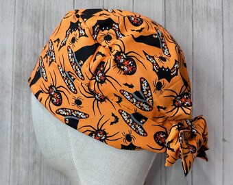 Witches Hat Spiders & Bats Tie-Back Scrub Cap: Women's Haunted Halloween Pixie OR Surgical Hat, Trick-or-Treat Doctor Nurse Medical Pedi Vet