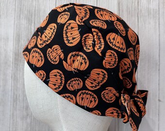Happy Jack-o'-Lantern Tie-Back Scrub Cap: Women's Halloween Cotton Pixie OR Surgical Hat, Trick-or-Treat Doctor Nurse Medical Pediatric CRNA