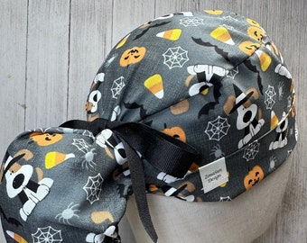 Puppies & Pumpkins Ponytail Scrub Cap: Women's Halloween OR Surgical Hat, Trick-or-Treat Doctor Nurse Medical Veterinary Pediatric CRNA Chef