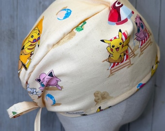 Trading Card Game Tie-Back Unisex Scrub Cap: Men/Women's Animated Film OR Surgical Hat, Kids Collectables Doctor Nurse Medical Pediatric Vet
