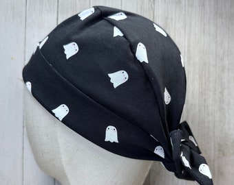 Happy Ghosts Pixie Scrub Cap: Women's Haunted Soft & Stretchy Cotton Jersey Tie-Back Surgical OR Hat, Halloween Night Medical Pedi ER Tech