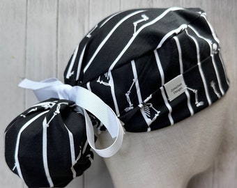 Happy Hiding Skeletons Ponytail Scrub Cap: Women's Halloween OR Surgical Hat, Haunted Holiday Doctor Nurse Medical Pediatric Surgeon CRNA PA