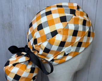 Halloween Checkerboard Ponytail Scrub Cap: Women's Orange Black & White OR Surgical Hat, Haunted Colors Doctor Nurse Medical Dental Surgeon