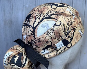 Black Cat Ponytail Scrub Cap: Women's Halloween OR Surgical Hat, Haunted Holiday Doctor Nurse Medical Pediatric Veterinary CRNA Surgeon Chef