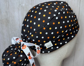 Halloween Polka Dot Ponytail Scrub Cap: Women's Soft & Stretchy Cotton Jersey OR Surgical Hat,Spooky Color Doctor Nurse Medical Surgeon CRNA