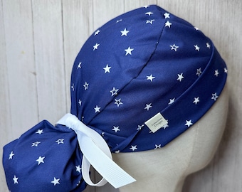 Stars on Blue Ponytail Scrub Cap: Women's Patriotic OR Surgical Hat, July 4th Holiday Doctor Nurse Medical Pedi Vet Tech CRNA Chef Radiology