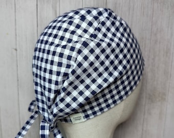 Navy Blue & White Gingham Tie-Back Unisex Scrub Cap: Men/Women's Checkered OR Surgical Hat, Doctor Nurse Medical CRNA ER Tech Chef Hospital