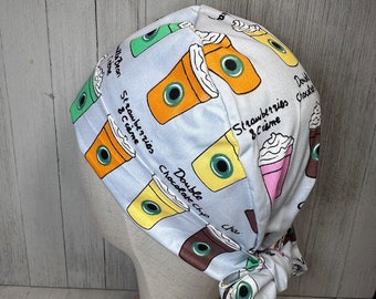 Coffee & Tea Tie-Back Scrub Cap: Women's Specialty Drinks Pixie Surgical OR Hat, Cappuccino Latte Doctor Nurse Medical Pedi Vet ER Tech Chef