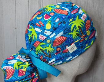 Beach Vacation Ponytail Scrub Cap: Women's Summer Surgical OR Hat, Seashore Getaway Doctor Nurse Medical Surgeon Pediatric Vet ER PA Tech