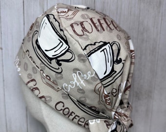 Coffee Break Tie-Back Scrub Cap: Women's Cappuccino Pixie OR Surgical Hat, Morning Java Doctor Nurse Medical Dental Pediatric Veterinary ER