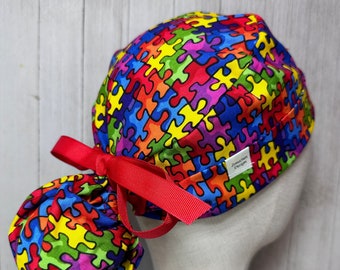 Autism Awareness Ponytail Scrub Cap for Women, Puzzle Piece OR Surgical Hat, Support the Cause Pediatric Veterinary Medical CRNA Dental