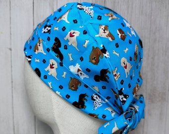 Dog Lover Tie-Back Scrub Cap: Women's Pixie Playful Pups OR Surgical Hat, Furry Canine Friends Doctor Nurse Medical Veterinary Pediatric ER
