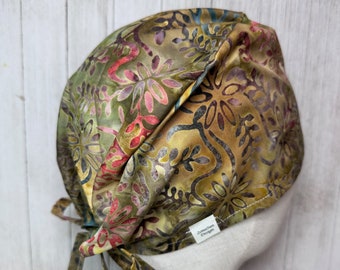 Earth Tone Batik Cotton Tie-Back Unisex Scrub Cap: Men/Women's Khaki Sage Vines OR Surgical Hat, Floral Doctor Nurse Medical CRNA ER Tech