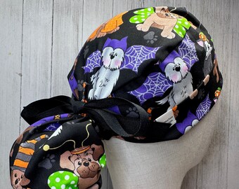Dogs in Halloween Costumes Ponytail Scrub Cap: Women's Trick-or-Treat OR Surgical Hat, Spooky Doctor Nurse Medical Veterinary Pediatric Tech