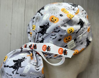 Halloween Ponytail Scrub Cap: Women's Witch, Ghost, Jack-o'-Lantern OR Surgical Hat, Haunted Holiday Doctor Nurse Medical Pediatric Vet CRNA
