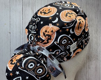 Halloween Ponytail Scrub Cap: Women's Black Cat, Owl & Jack-o'-Lantern OR Surgical Hat, Trick-or-Treat Doctor Nurse Medical Pedi Vet ER Tech