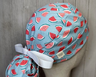 Watermelon on Light Blue Ponytail Scrub Cap: Women's Summer Fruit OR Surgical Hat, Refreshing Doctor Nurse Medical Chef CRNA Tech Chef PA
