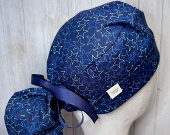 Independence Day Ponytail Scrub Cap: Women's Blue Outlined Stars OR Surgical Hat, 4th of July Holiday Doctor Nurse Medical Vet ER Tech Chef