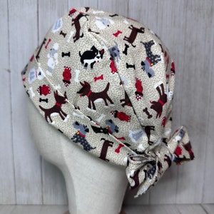 Scattered Dogs & Bones Pixie Tie-Back Scrub Cap for Women, Puppy OR Surgical Hat, Dog Lover Veterinary Medical Doctor Nurse CRNA Pediatric