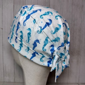 Seahorse Tie-Back Scrub Cap: Women&#39;s Marine Ocean Life OR Surgical Hat, Nautical Seas Doctor Nurse Medical Veterinary Pediatric CRNA Dental