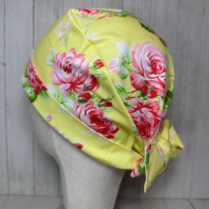 Pink Roses Floral Scrub Cap: Yellow Cotton Tie-Back Surgical Hat