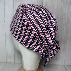 Stars & Stripes Pixie Scrub Cap: Women's Patriotic Tie-Back Surgical OR Hat, Independence Day Doctor Nurse Medical Chef Vet ER Tech