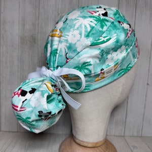 Surfing Dogs Ponytail Scrub Cap: Summer Fun Medical Hat